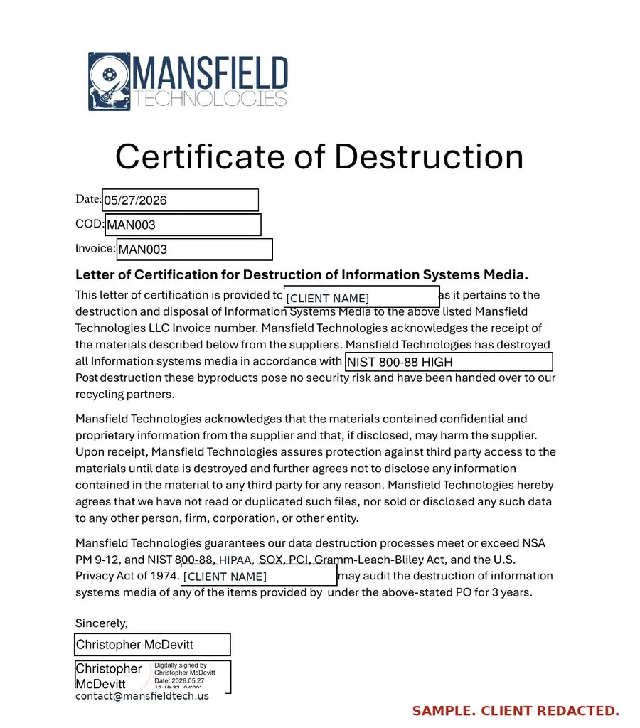 Sample Mansfield Technologies Certificate of Destruction letter with the client name redacted